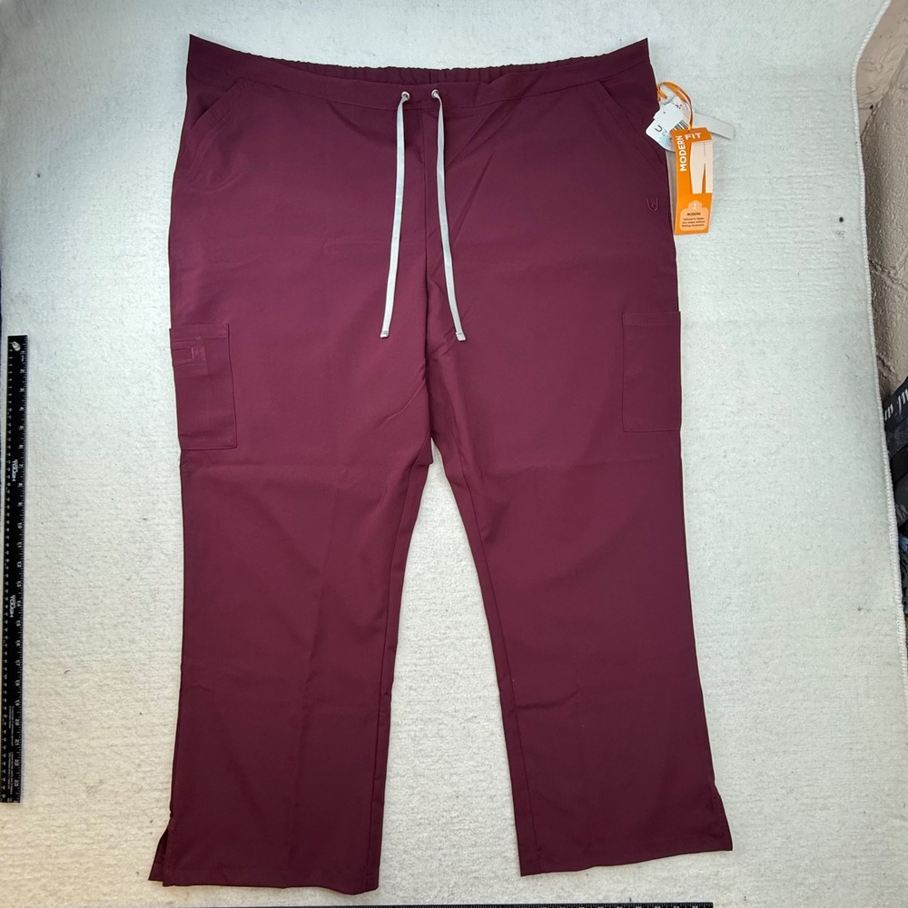 Urbane Performance Modern Fit Scrub Pants Burgundy Cargo Elastic Waist 3XL